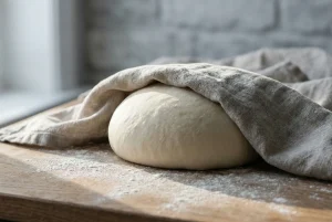 Flatbread dough ball resting under a damp linen towel on a wooden board.