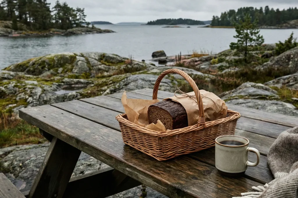 Basket with Finnish archipelago bread on a wooden table by a rocky Nordic shoreline, with a mug of coffee.