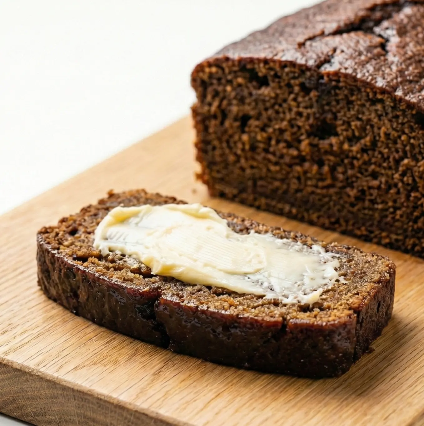 Slice of Finnish archipelago bread (saaristolaisleipä) spread with butter on a wooden board.