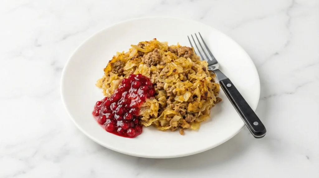 A white plate featuring a serving of Finnish cabbage casserole (kaalilaatikko) made with ground beef and cabbage, topped with a generous spoonful of red lingonberry jam.