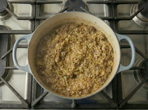 Mixed cabbage, rice, and beef casserole before baking