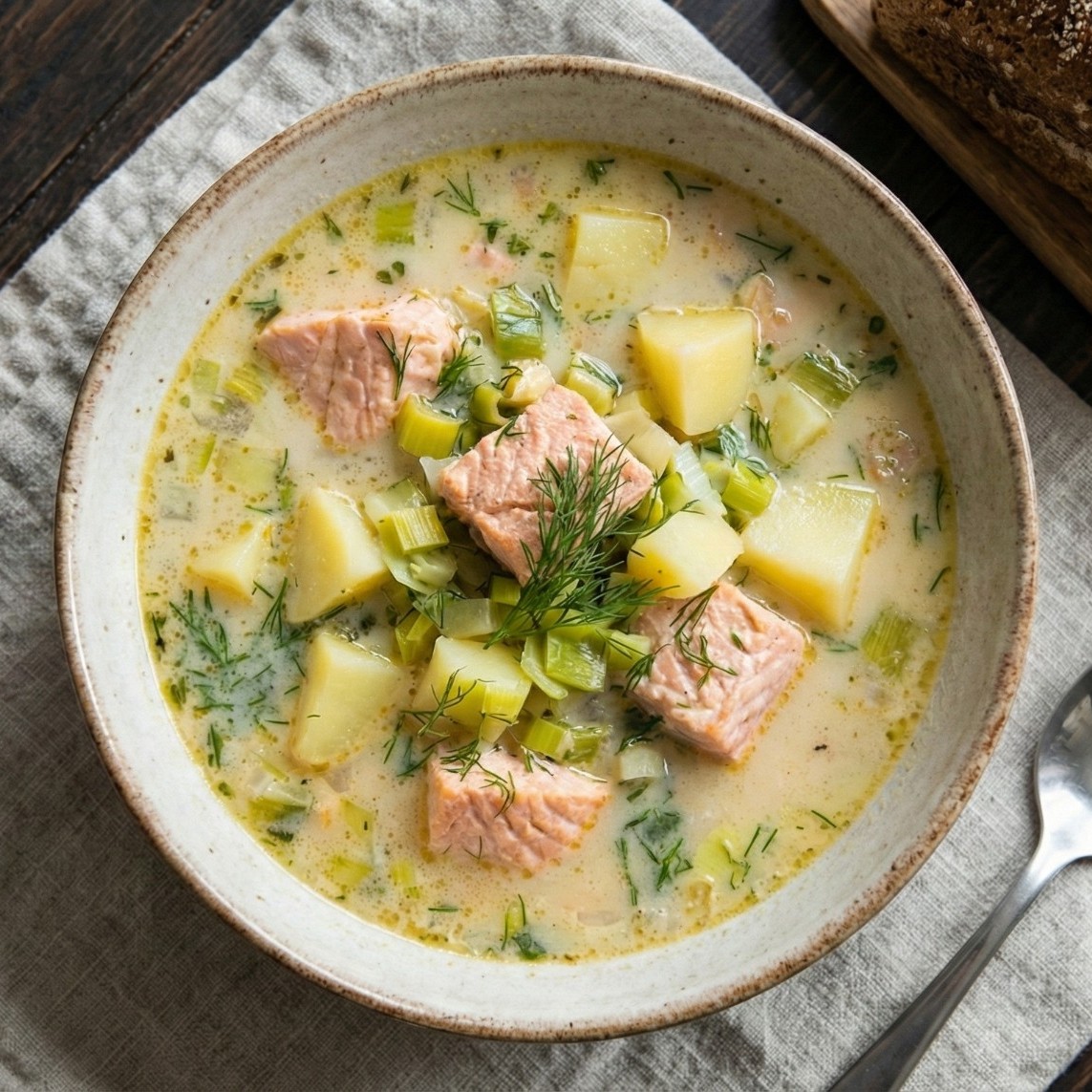 Creamy Finnish salmon soup (lohikeitto) with potato chunks, leeks, and fresh dill in a rustic bowl.