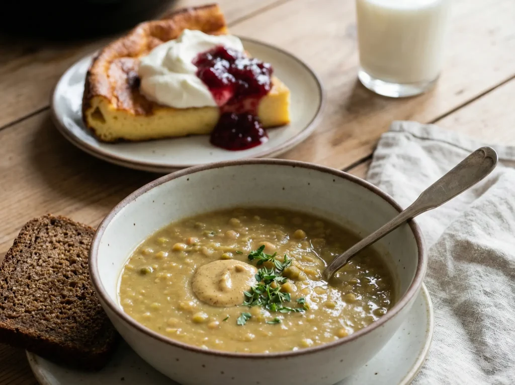 Finnish pea soup served with mustard and rye bread, with a pancake topped with whipped cream and jam for dessert