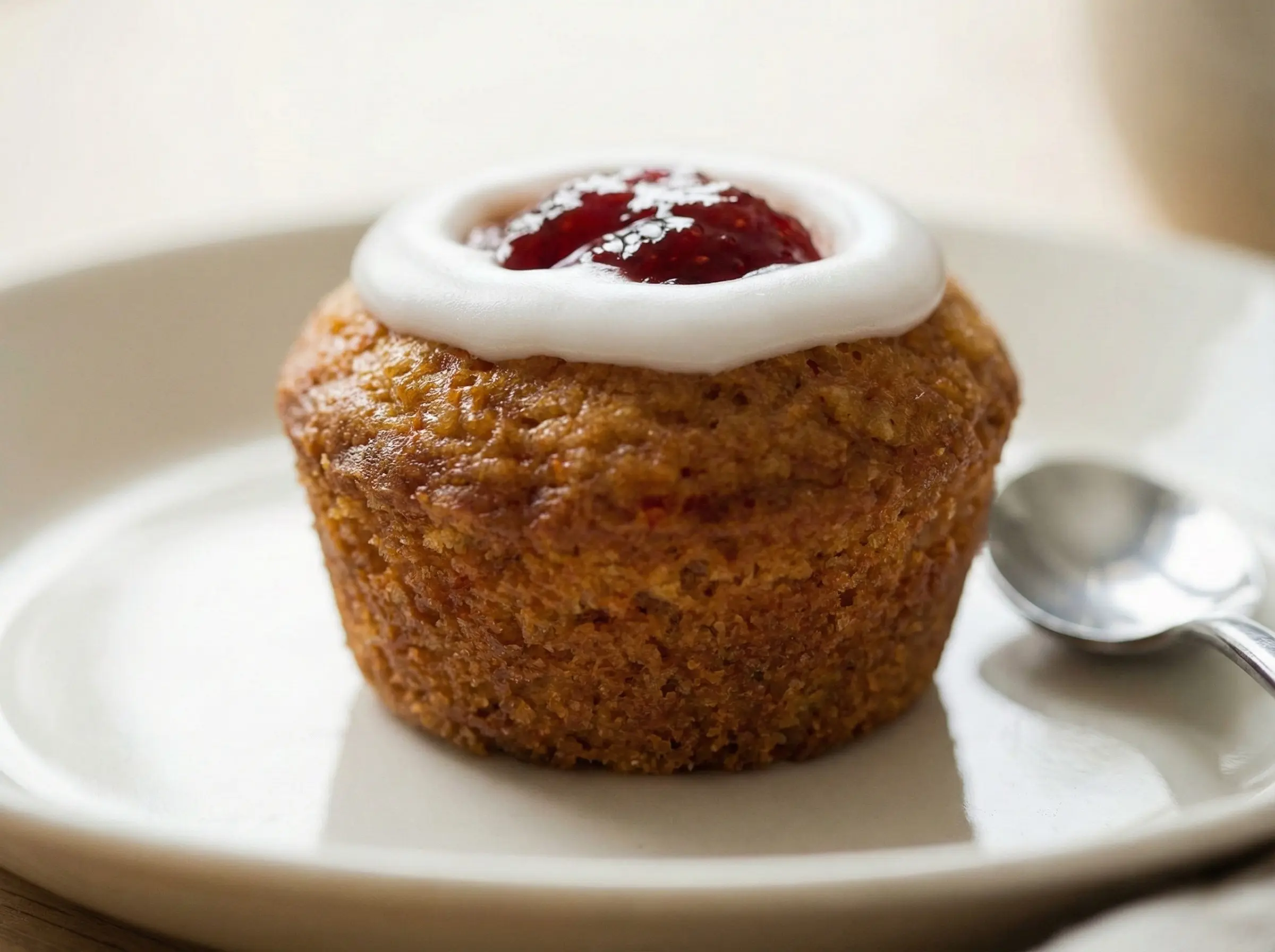 Close-up photograph of a homemade Finnish runeberg torte (runebergintorttu) with a ring of white icing and raspberry jam on top, served on a white ceramic plate with a small spoon.