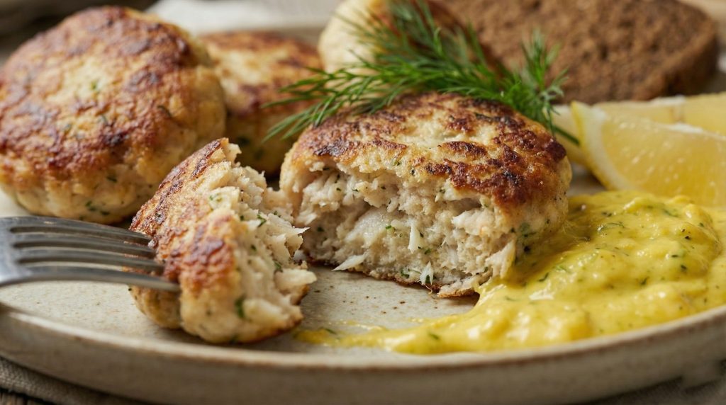 Close-up of Danish fish cakes (fiskefrikadeller) with a forkful taken out, served with creamy remoulade, lemon wedges, and dill.
