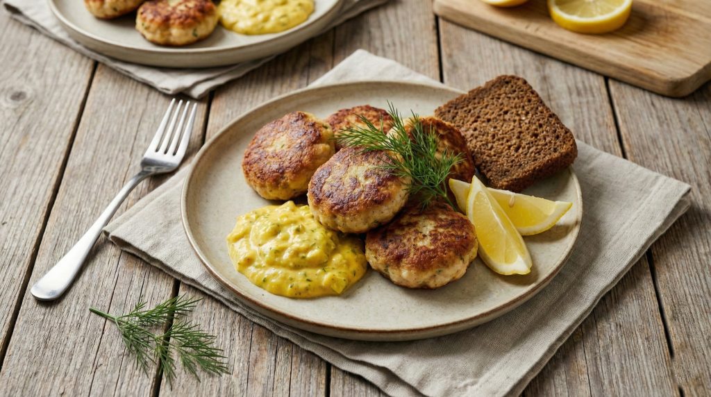 Danish fish cakes (fiskefrikadeller) served with creamy remoulade, lemon wedges, dill, and rye bread on a rustic table.
