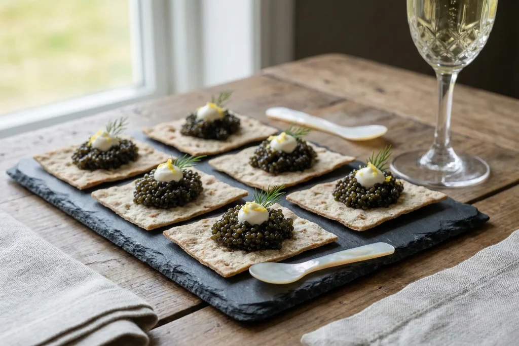 Flatbrød squares topped with caviar and a dollop of crème fraîche, garnished with dill and lemon zest on a slate board.