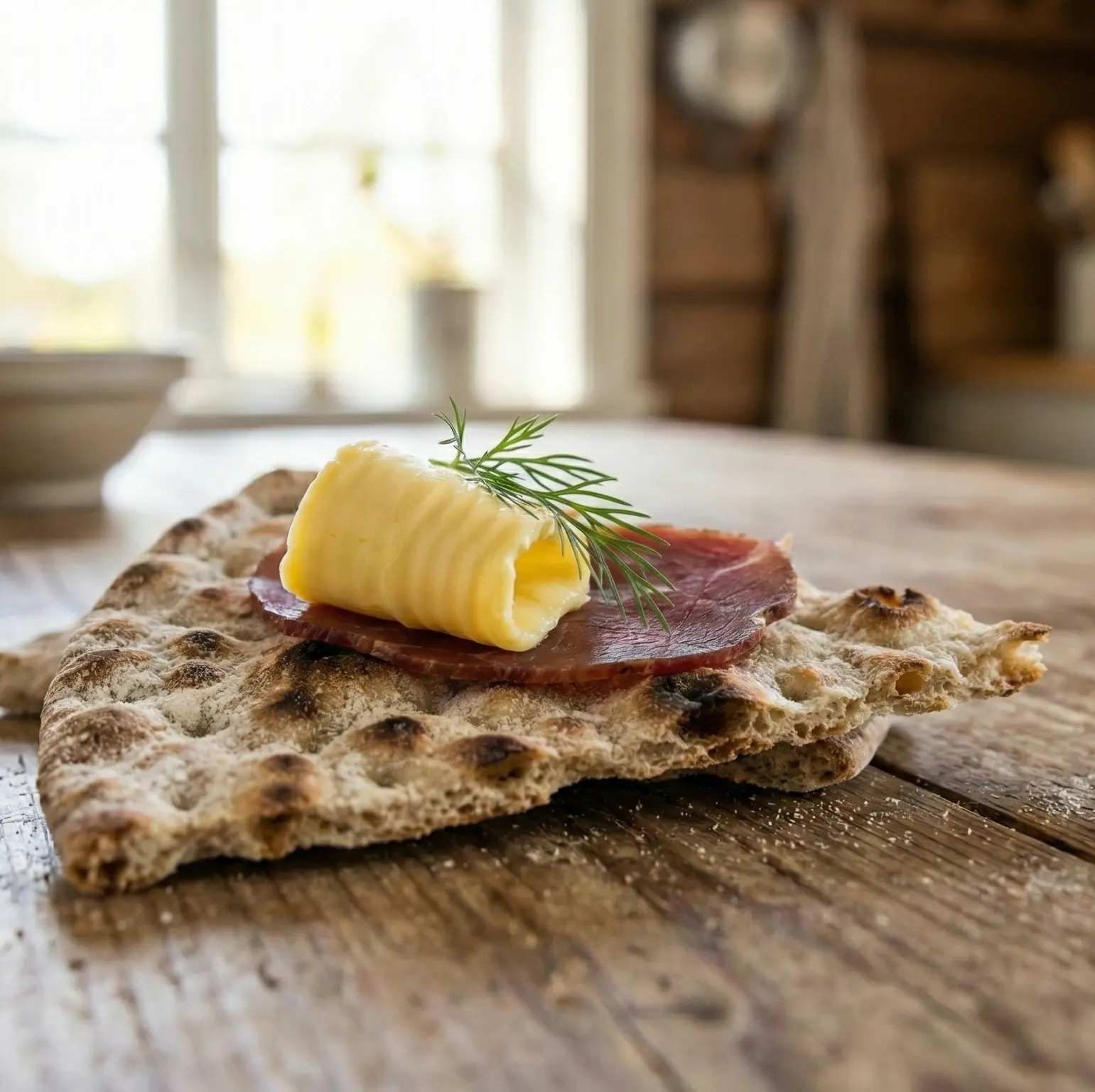 A close-up of crispy Norwegian Flatbrød topped with butter, cured mutton, and fresh dill.