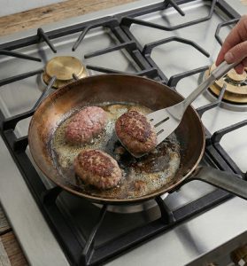 Frikadeller frying in foaming butter in a De Buyer pan, with one meatball being flipped using a Brabantia Profile spatula on a gas stovetop.