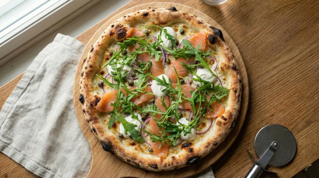 A wood-fired pizza topped with thin slices of gin-cured salmon, fresh arugula, red onions, capers, and dollops of creme fraiche.