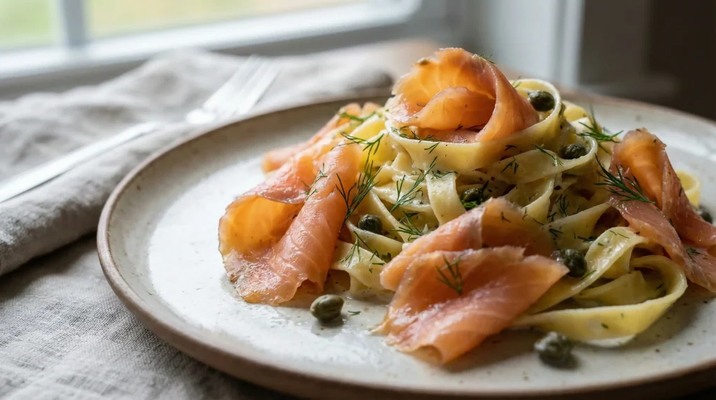 Close-up of a plate of creamy tagliatelle pasta ribbons tossed with gin-cured salmon slices, capers, and fresh dill garnish.
