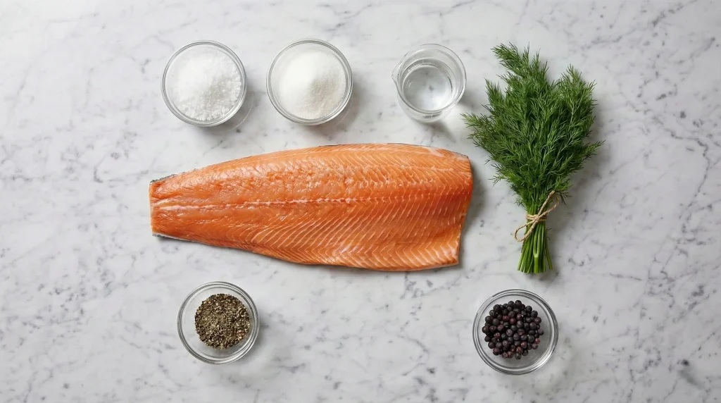 Knolling-style layout of gin gravlax ingredients with fresh salmon fillet, dill, coarse salt, sugar, water, juniper berries, and black peppercorns on a marble surface.