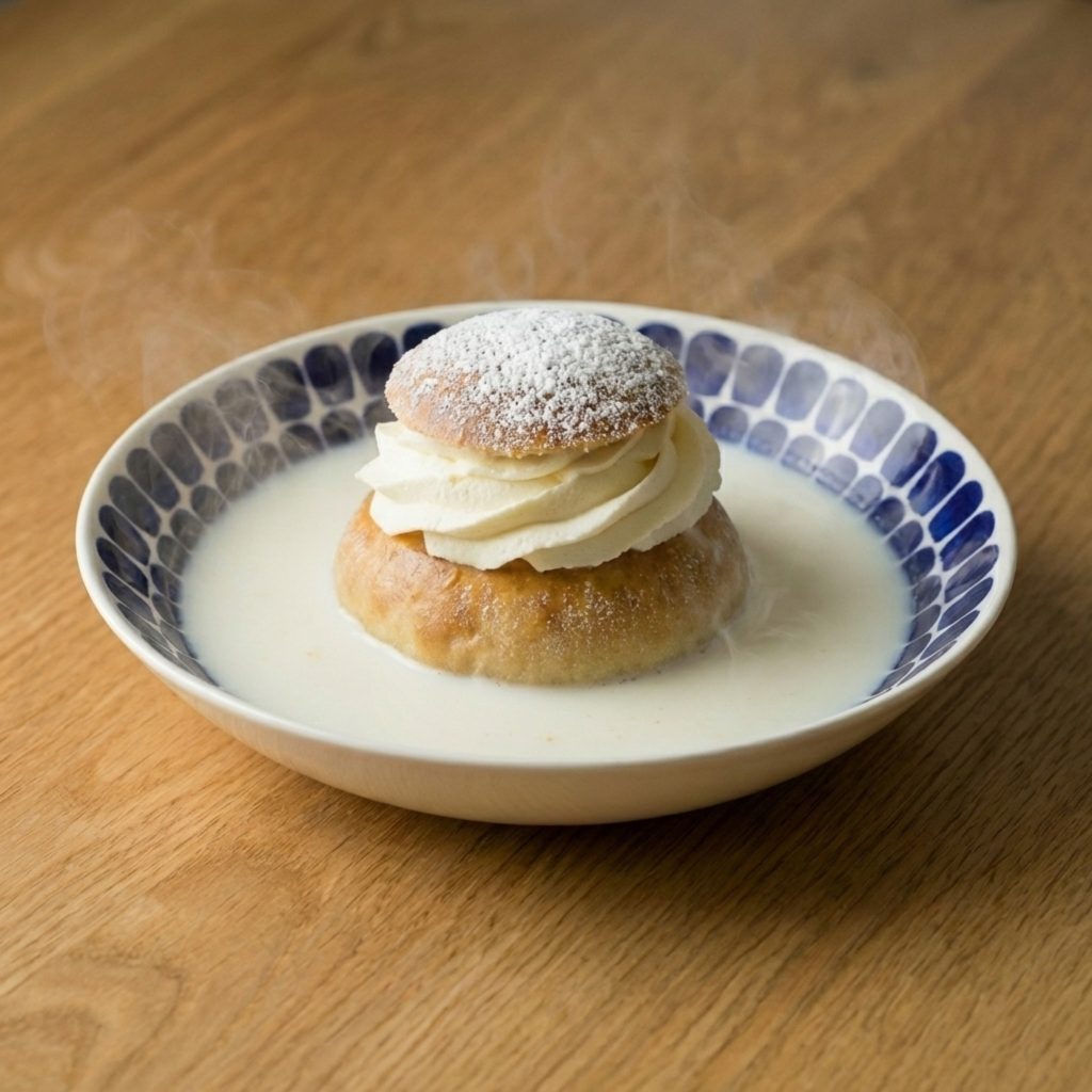 Swedish hetvägg (semla in warm milk) served on an Arabia Tuokio plate, dusted with powdered sugar.