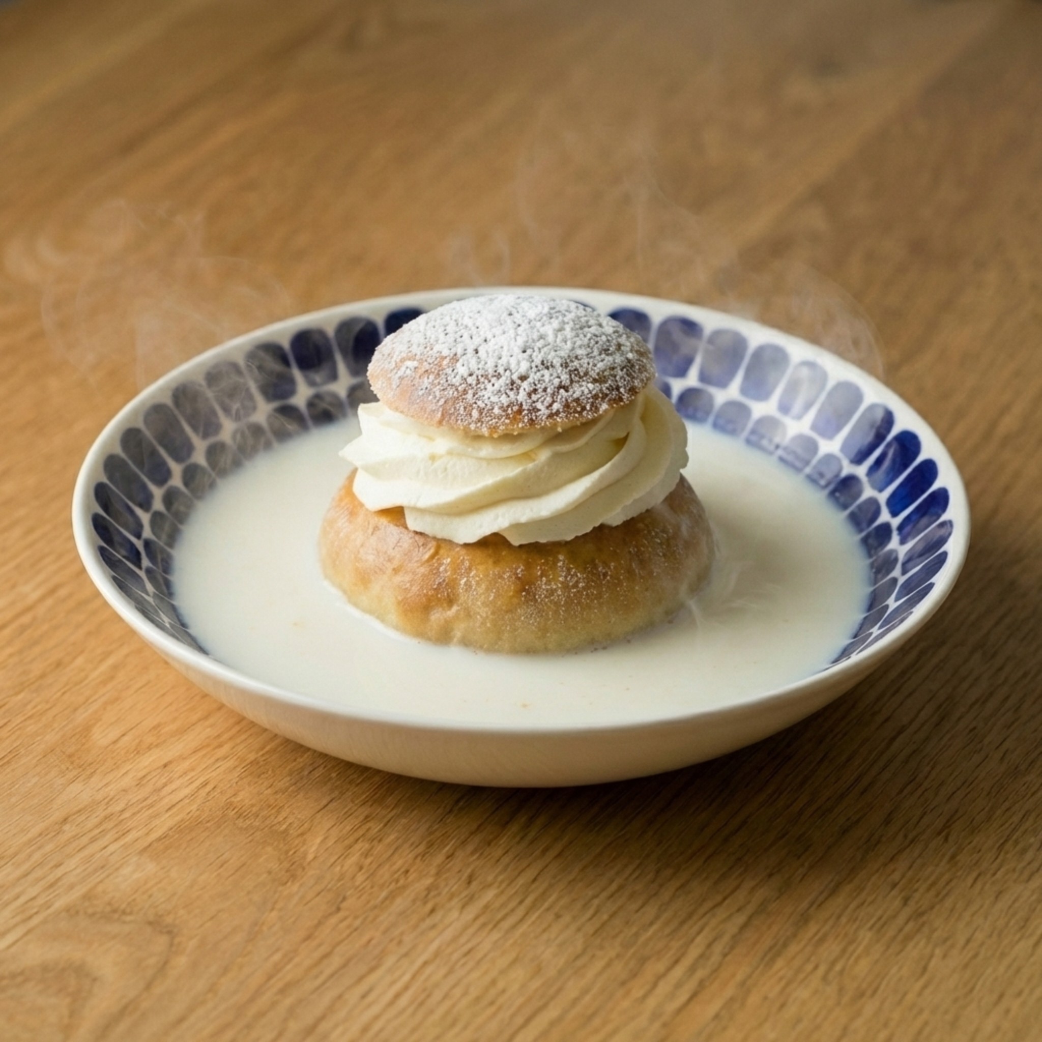 Swedish hetvägg (semla in warm milk) served on an Arabia Tuokio plate, dusted with powdered sugar.