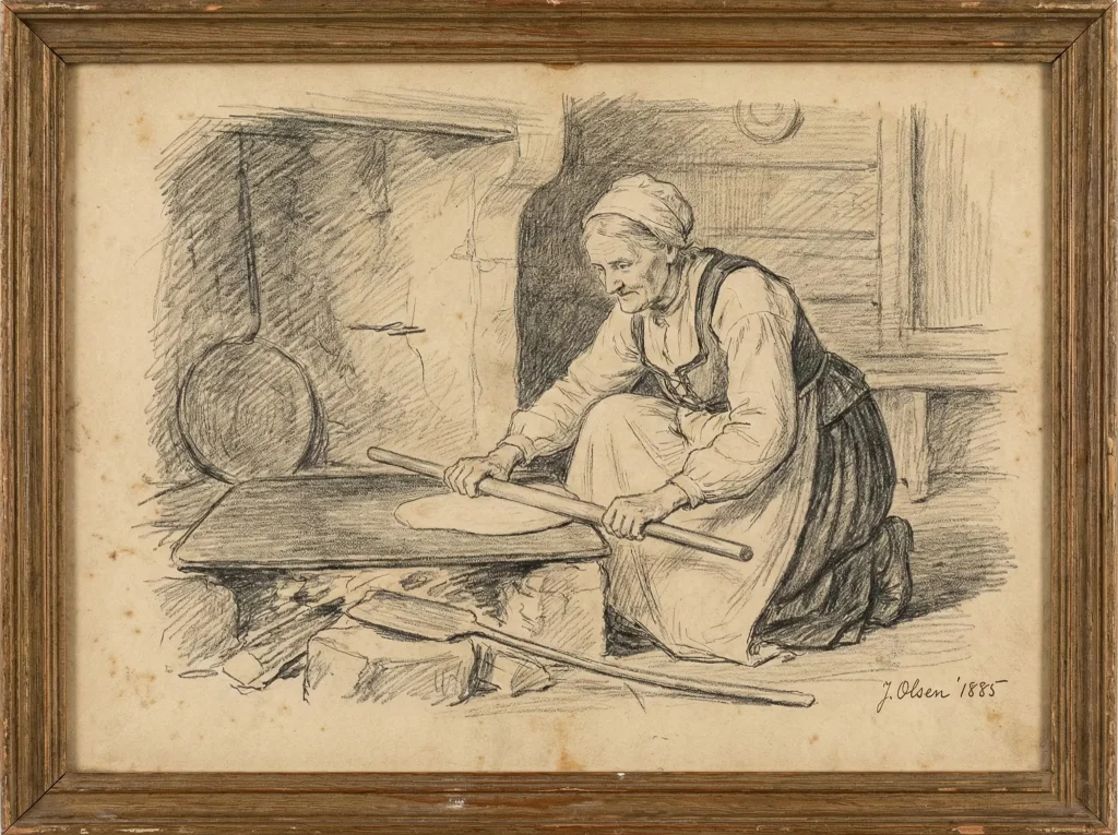 Pencil sketch of a woman rolling Norwegian flatbread (flatbrød) beside an open hearth, dated 1885.