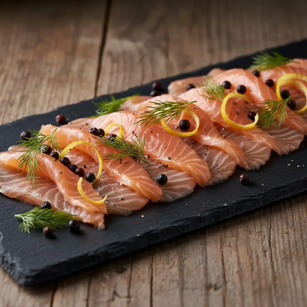 Thin slices of homemade gin-cured gravlax salmon arranged on a black slate platter, garnished with fresh dill sprigs, juniper berries, and lemon zest curls.