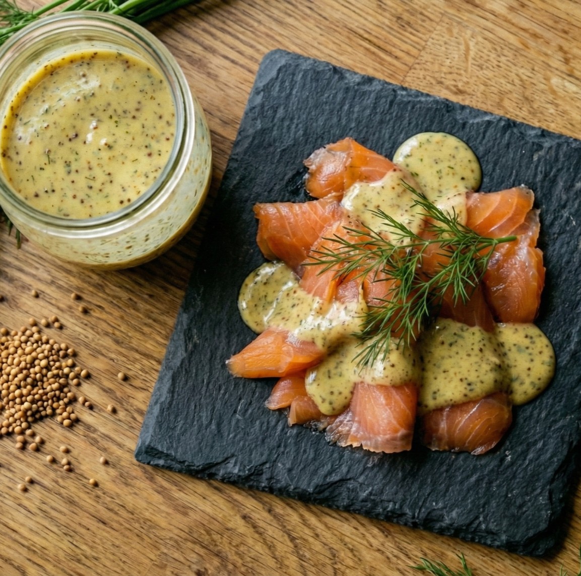 Gravlax on a slate board with hovmästarsås mustard-dill sauce and fresh dill, with a jar of sauce on the side.