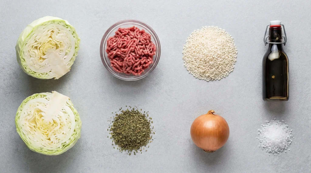 Ingredients for Finnish cabbage casserole arranged on a gray surface: fresh green cabbage, ground beef, uncooked rice, dried marjoram, onion, salt, and a bottle of dark syrup.