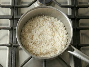 Cooked short-grain rice prepared for Finnish cabbage casserole