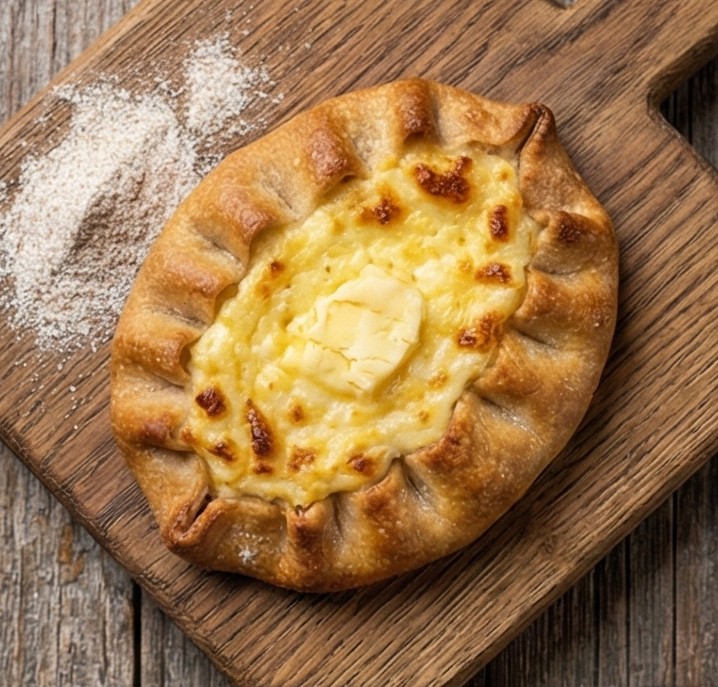 Close-up of a homemade Karelian pasty (karjalanpiirakka) with creamy rice filling and a pat of butter on a wooden board.