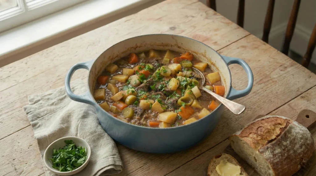 Norwegian beef stew (lapskaus) simmering in a Le Creuset Dutch oven with potatoes, carrots, leeks, and herbs, served with rustic bread.