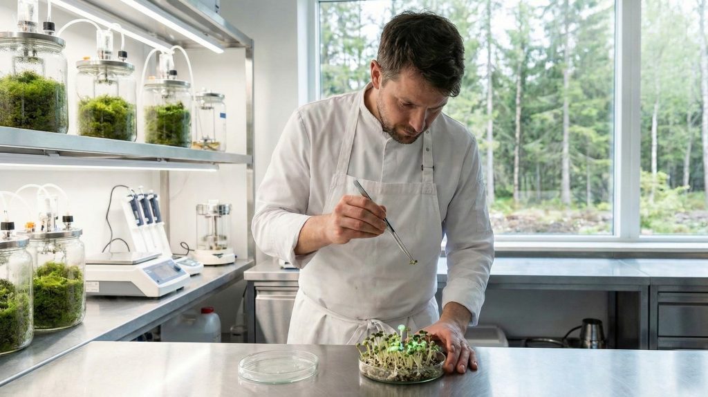 Chef in a modern Nordic test kitchen uses tweezers to inspect microgreens, with jars of moss and lab equipment in the background