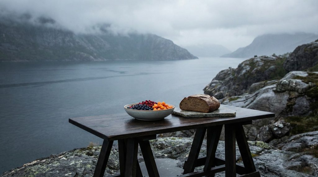 Bowl of Nordic wild berries and a loaf of rye bread on a wooden table set on rocky cliffs above a misty fjord.