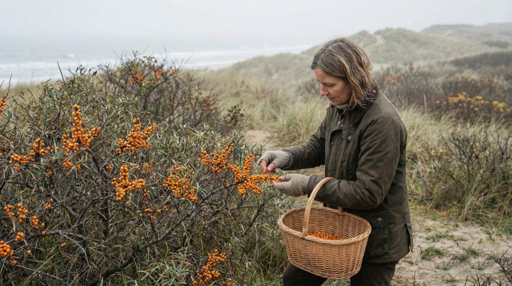 Person harvesting sea buckthorn berries into a wicker basket in misty coastal dunes, highlighting foraging culture in Nordic cuisine.