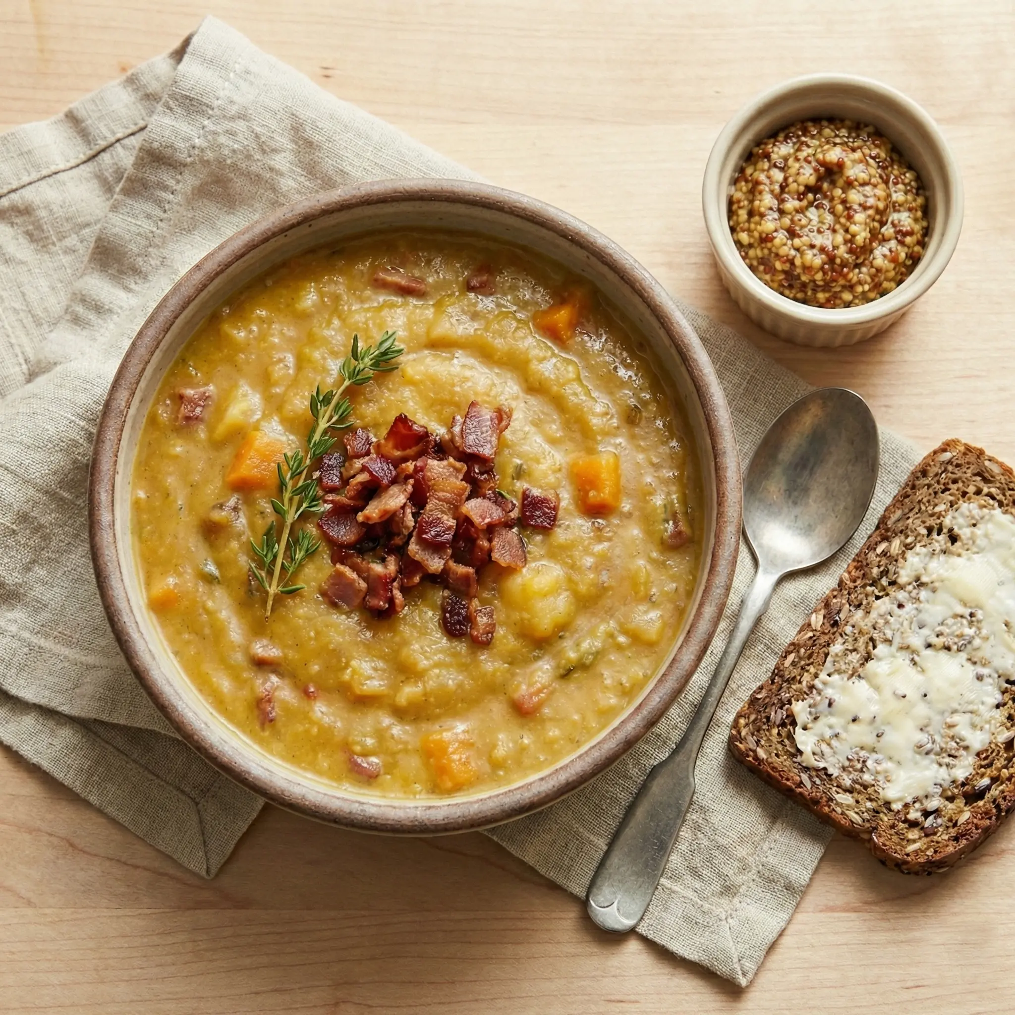 Nordic pea soup topped with crispy bacon, served with grainy mustard and rye bread