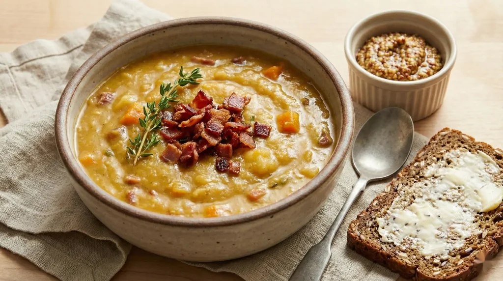 Nordic pea soup topped with crispy bacon, served with grainy mustard and rye bread