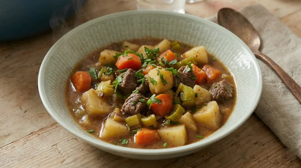 Norwegian beef lapskaus served in a Swedish Grace deep plate by Rörstrand, topped with chopped herbs on a wooden table.