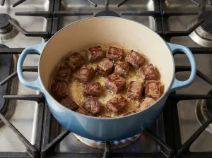 Browned beef cubes searing in a Dutch oven on the stovetop for Norwegian lapskaus.