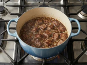 Beef cubes simmering in a dark broth after deglazing the pot for Norwegian beef lapskaus.