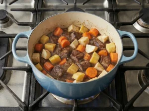 Carrots and diced root vegetables added to the pot with beef to cook into lapskaus stew.