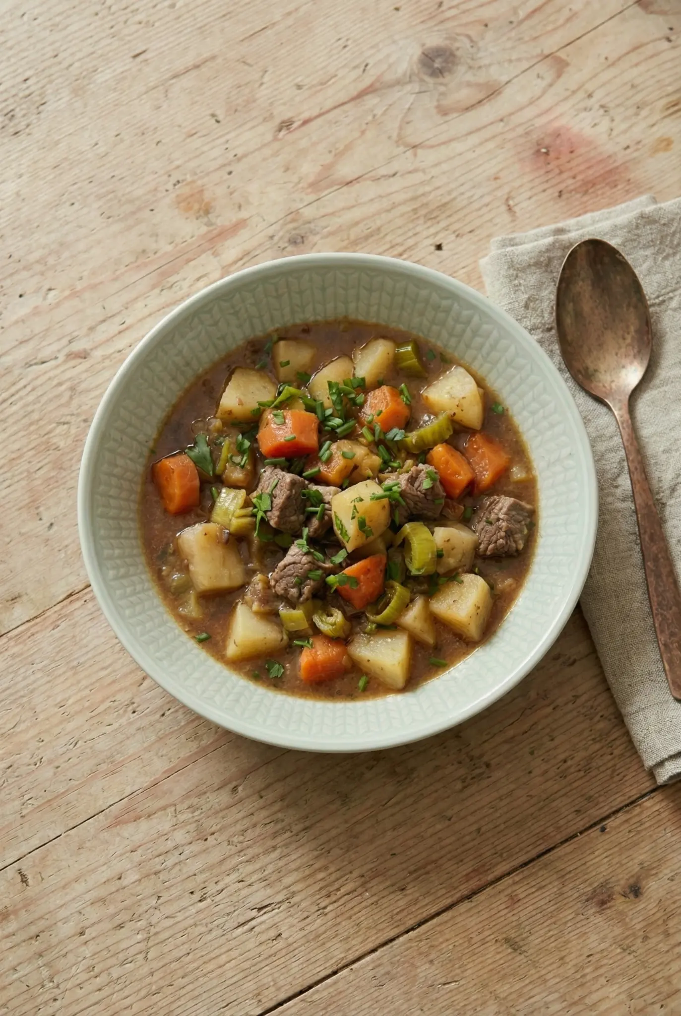 Bowl of Norwegian beef stew (lapskaus) with tender beef, potatoes, carrots, leeks, and chopped herbs on a wooden table.
