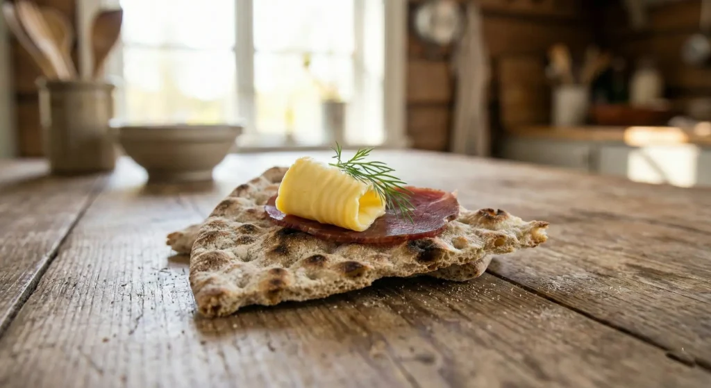 Norwegian flatbread (flatbrød) topped with butter, cured meat, and fresh dill on a rustic wooden table in soft Nordic daylight.