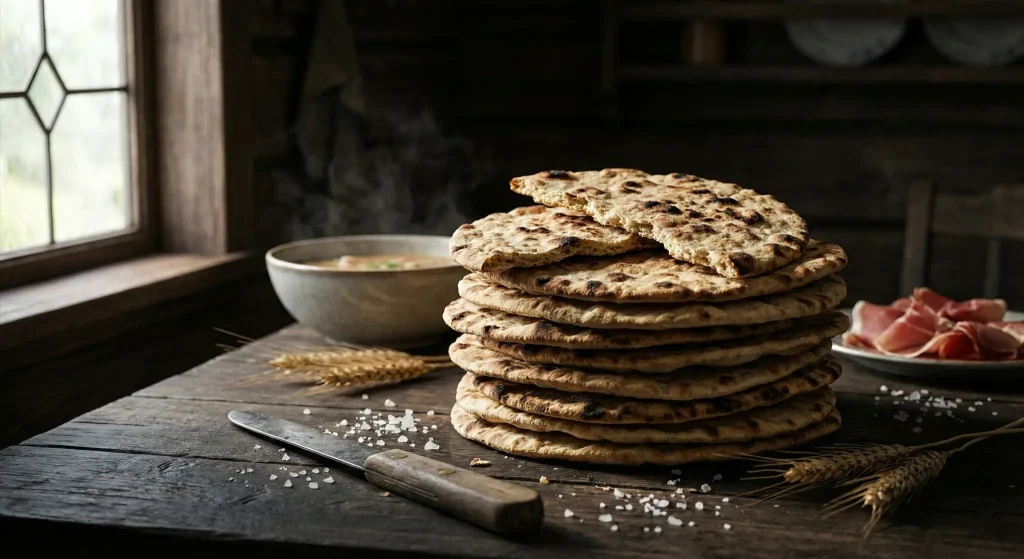 A tall stack of crispy traditional Norwegian Flatbrød on a rustic wooden table, with one piece broken to show the wafer-thin texture, set against a background of soup and cured meats.