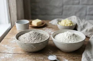 Bowls of barley flour and all-purpose flour with butter, salt, and mashed potatoes arranged on a wooden table for making Norwegian flatbread.