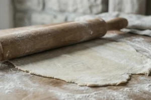 Rolling the dough out until it is translucent and paper-thin, about 1mm thickness.