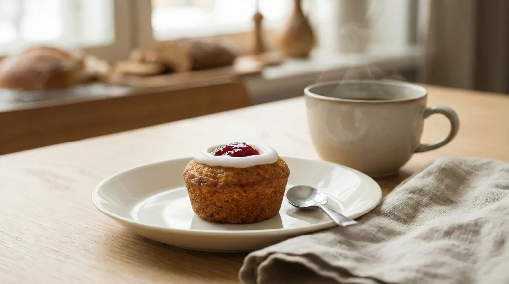 A close-up of a traditional Finnish Runeberg torte (Runebergintorttu) on a white plate. The cylindrical almond cake is topped with a ring of white icing and raspberry jam, served next to a steaming cup of coffee on a wooden table.