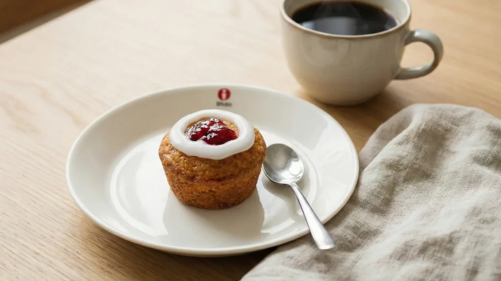 Traditional Finnish Runeberg torte pastry topped with raspberry jam and white icing ring, served on a white plate with a cup of coffee.