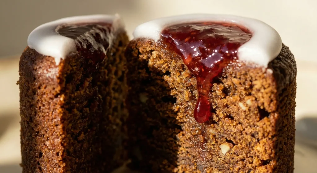 Macro close-up of a Runebergintorttu cut in half vertically. The cross-section reveals a dark, moist crumb with visible almond flecks. A glossy drop of raspberry jam trickles down from the top, framed by a thick ring of white icing.