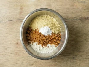 A separate metal bowl containing distinct piles of flour, ground almond meal, gingerbread crumbs, and baking powder.