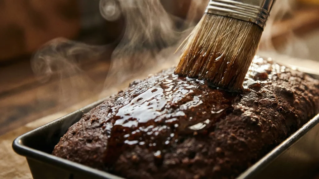 Brushing dark syrup glaze over Finnish archipelago bread (Saaristolaisleipä) as it steams in the loaf pan.