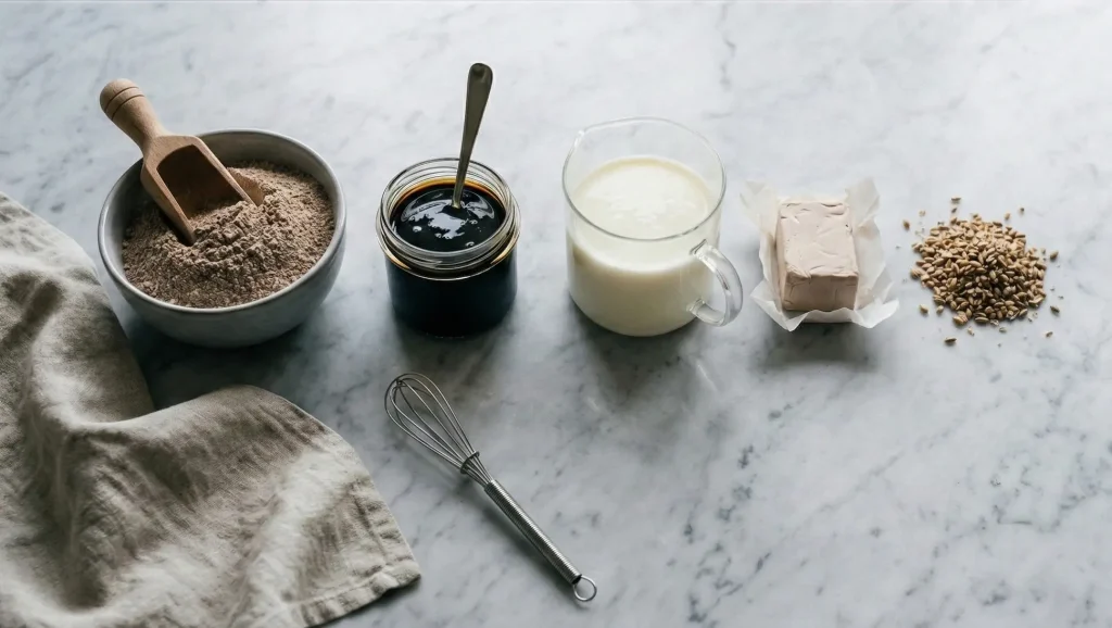 Ingredients for Saaristolaisleipä: flour, dark syrup, buttermilk, yeast, and seeds arranged on a marble surface.