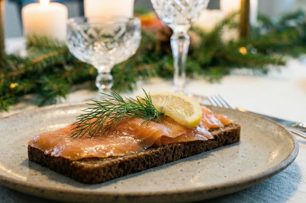 Open-faced sandwich on archipelago bread topped with gravlax, lemon, and dill on a ceramic plate.