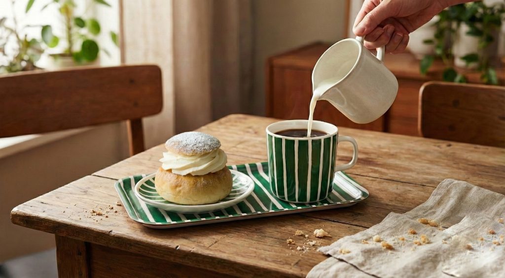 Swedish semla on a plate beside coffee in a Marimekko Piccolo cup on a Marimekko Piccolo tray, with milk being poured at a wooden table.