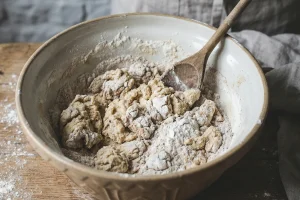 A mixing bowl containing a shaggy, clumpy dough mixture of flour and water before kneading.