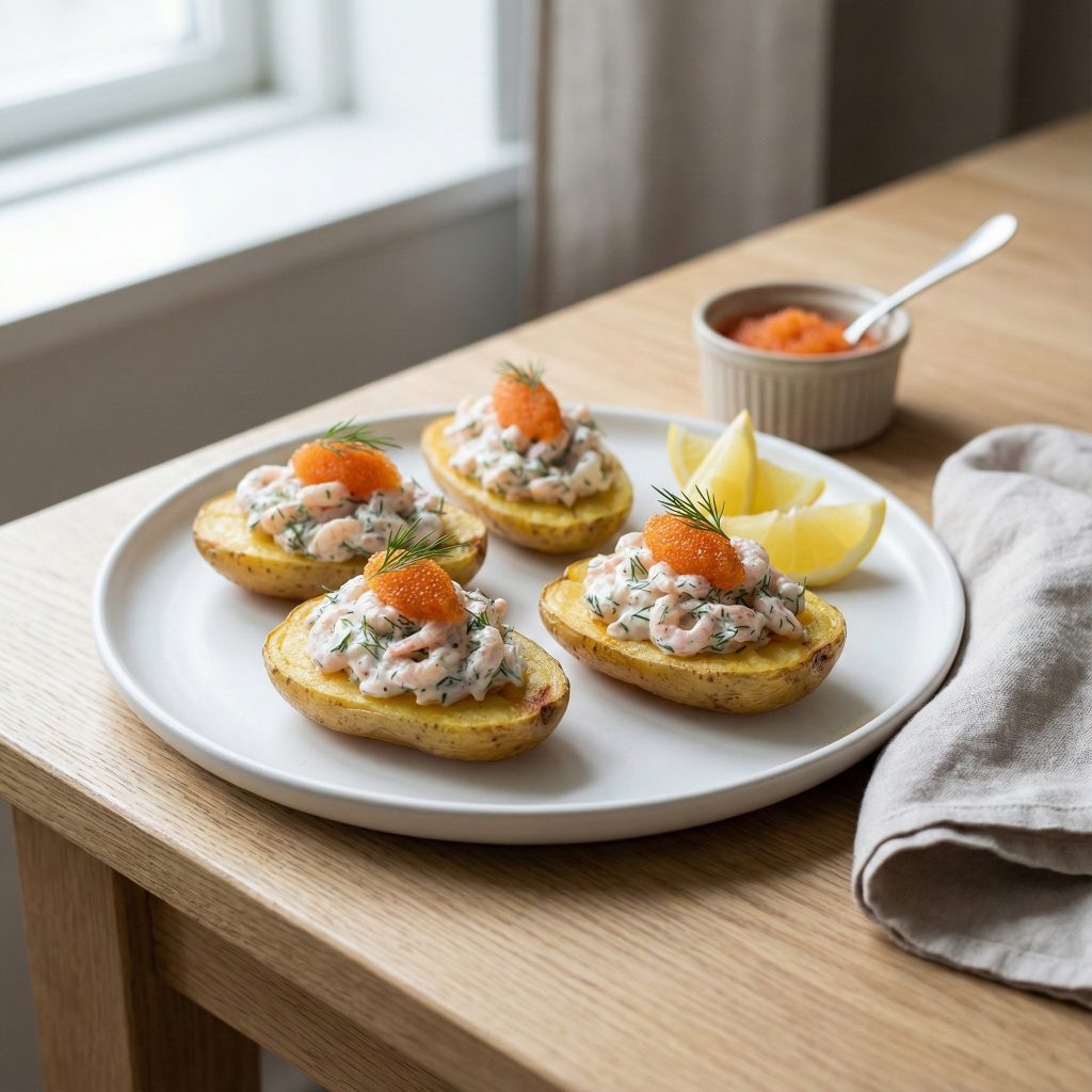 Skagenröra-stuffed potato halves topped with löjrom and dill, served with lemon wedges