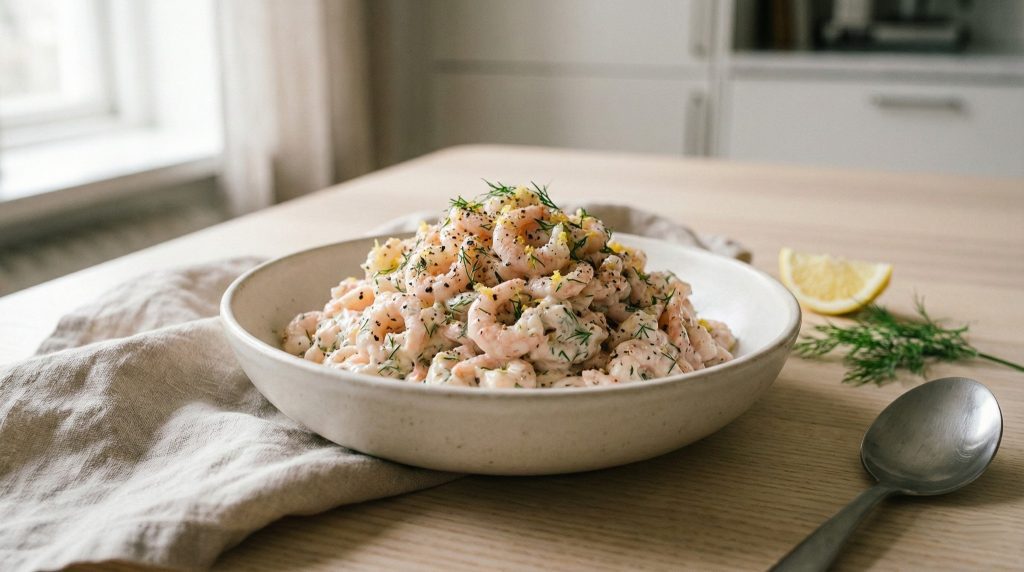 Skagenröra (Swedish shrimp salad) with dill and lemon in a ceramic bowl on a wooden table
